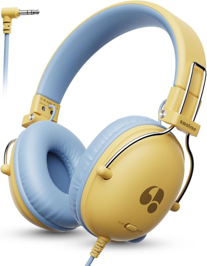 awatrue Kids Headphones for School, 74/85dB Safe Volume Limit, Stereo Sound, Wired On-Ear Headphones for Kids Boys Girls, 3.5mm Jack for Tablet, iPad, Kindle, YOTO Player, Airplane Travel, Yellow - Image 1